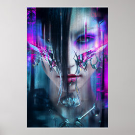 Póster Retrato de distorsión neón cara ciberpunk con fall