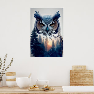 Póster Retrato de doble exposición de búho y rama de árbo