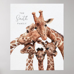 Póster Retrato de familia de jirafas, cinco miembros, dec
