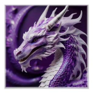 Póster Retrato De Fantasía De Un Dragón Púrpura Y Blanco