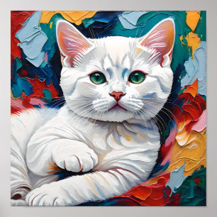 Póster Retrato de gato blanco en colores abstractos