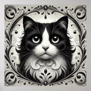Póster Retrato de gato blanco y negro