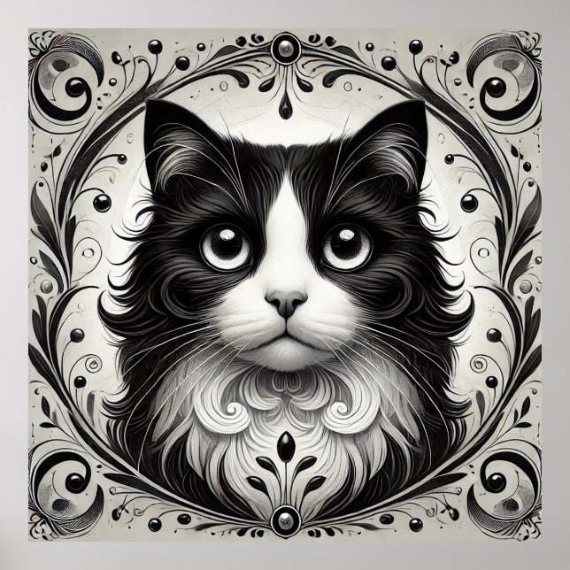 Póster Retrato de gato blanco y negro (Frente)