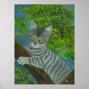 Póster Retrato de gato de ojo verde lindo en árbol