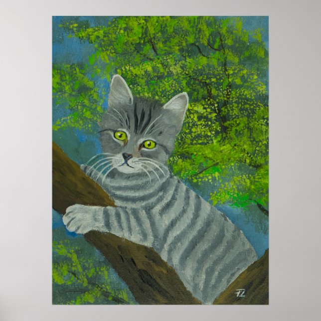 Póster Retrato de gato de ojo verde lindo en árbol (Frente)