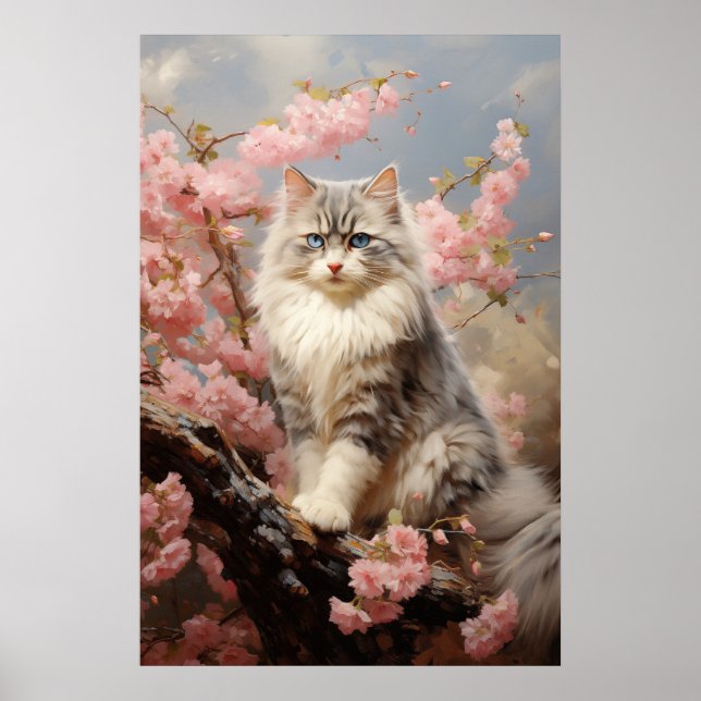 Póster Retrato de gato de Ragdoll con flores (Frente)
