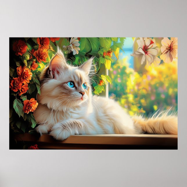 Póster Retrato de gato de Ragdoll con flores (Frente)