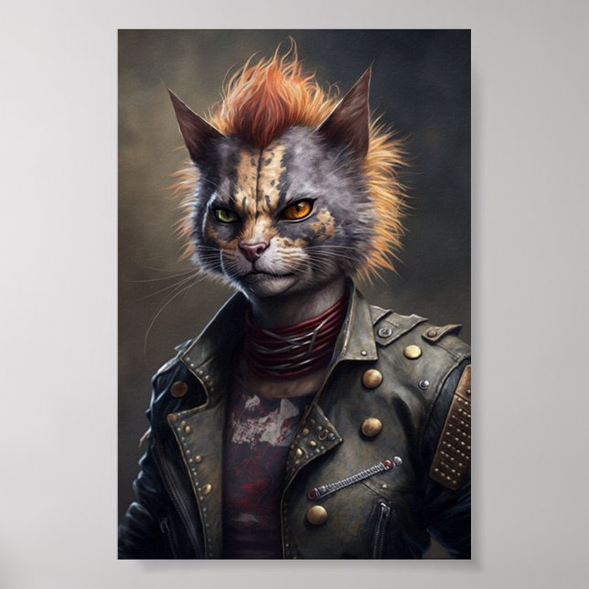 Póster Retrato de gato de rock de punk, depuración de gat (Frente)