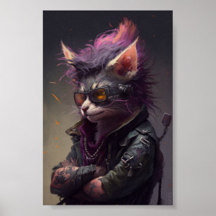 Póster Retrato de gato de rock de punk, ilustración de ga