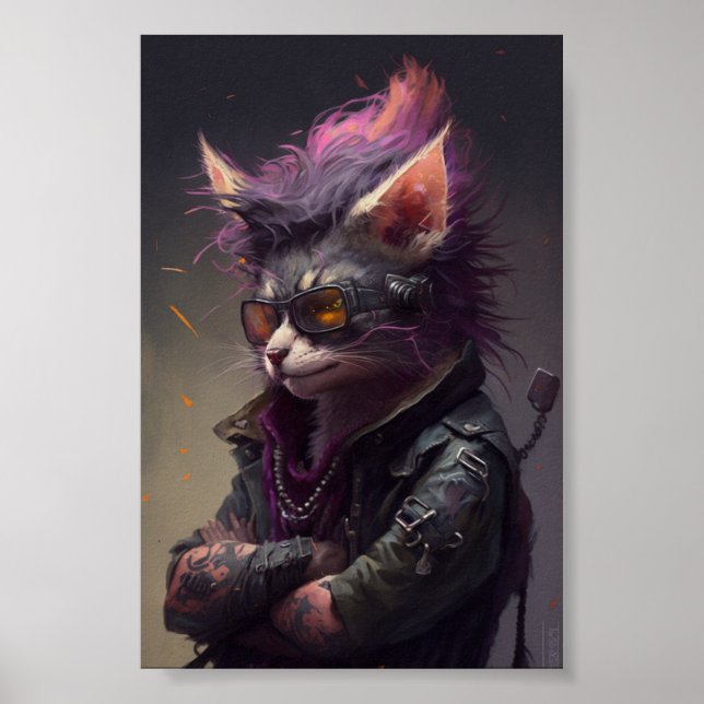 Póster Retrato de gato de rock de punk, ilustración de ga (Frente)
