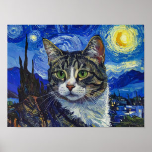 Póster Retrato de gato de Vincent Van Gogh Noche estrella