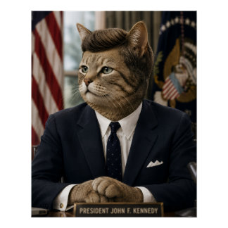 Póster Retrato de gato JFK | Arte divertido de gato presi