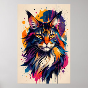 Póster Retrato de gato Maine Coon colorido en estilo de a