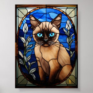 Póster Retrato de gato siamés de ojos azules en vidrio em
