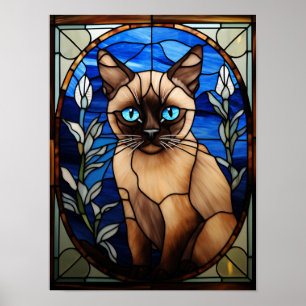 Póster Retrato de gato siamés de ojos azules en vidrio em