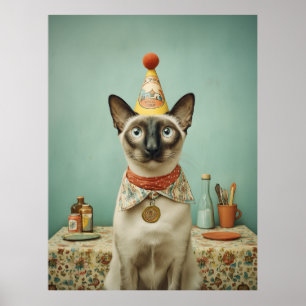 Póster Retrato de gato siamés vintage con sombrero de fie