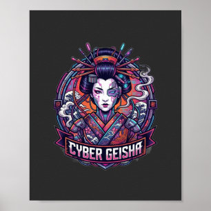 Póster Retrato de Geisha Cibernética Neon Cyberpunk