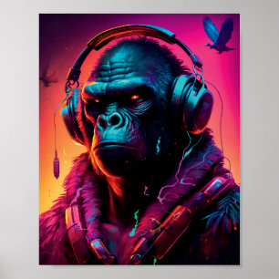 Póster Retrato De Gorila Con Auriculares