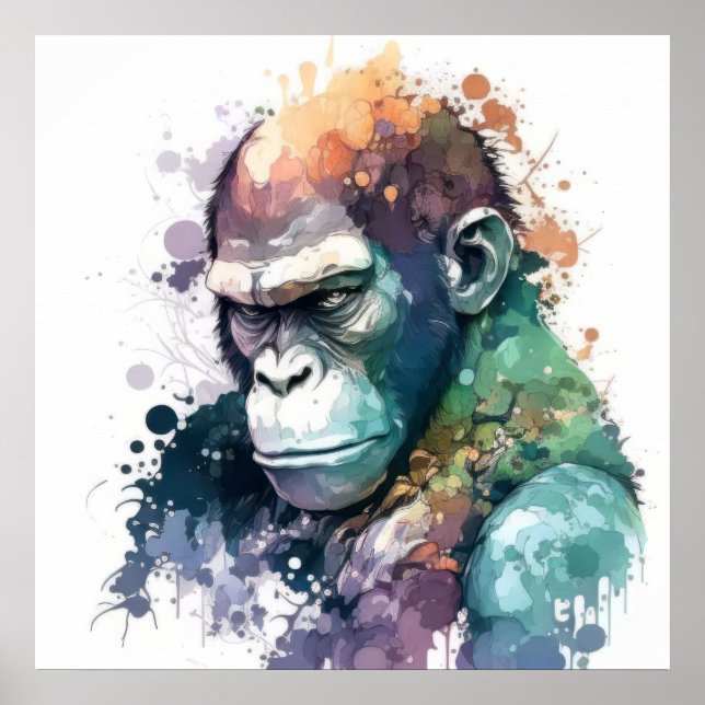 Póster Retrato de gorila pintura animal sin vida silvestr (Frente)