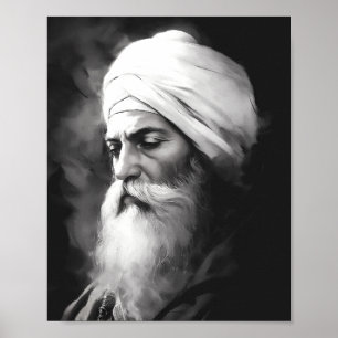 Póster Retrato de Guru Nanak - Poster Sikh blanco y negro