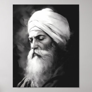 Póster Retrato de Guru Nanak - Poster Sikh blanco y negro