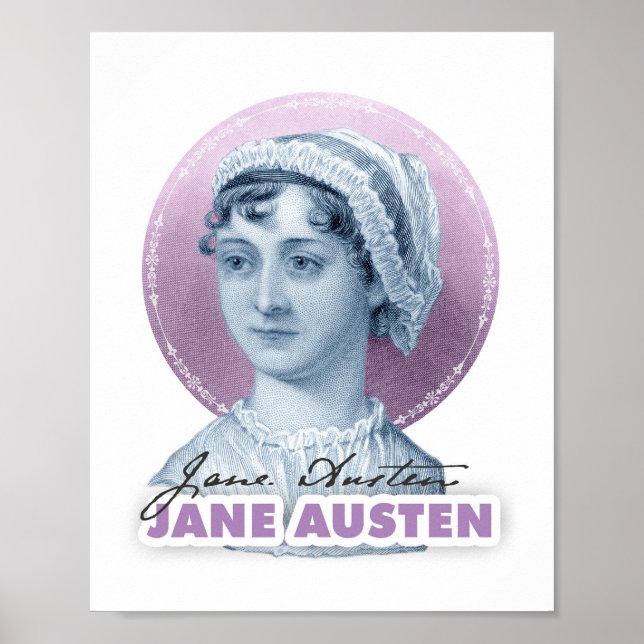 Póster Retrato de Jane Austen y rosa de la firma (Frente)