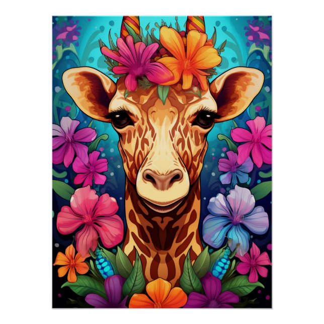Póster Retrato de jirafa floral 9321 (Anverso)
