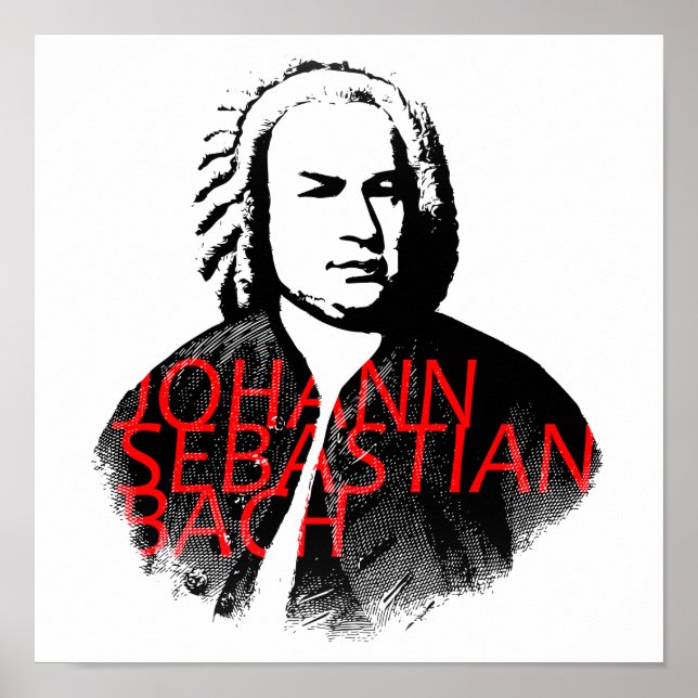 Póster Retrato de Johann Sebastian Bach y letras rojas (Frente)