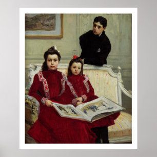 Póster Retrato de la familia de un muchacho y sus dos