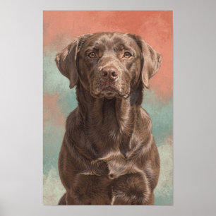 Póster Retrato de Labrador Chocolate en Coral