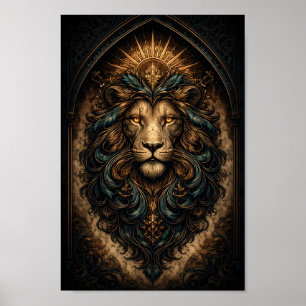 Póster Retrato de león con halo dorado y marco de filigra