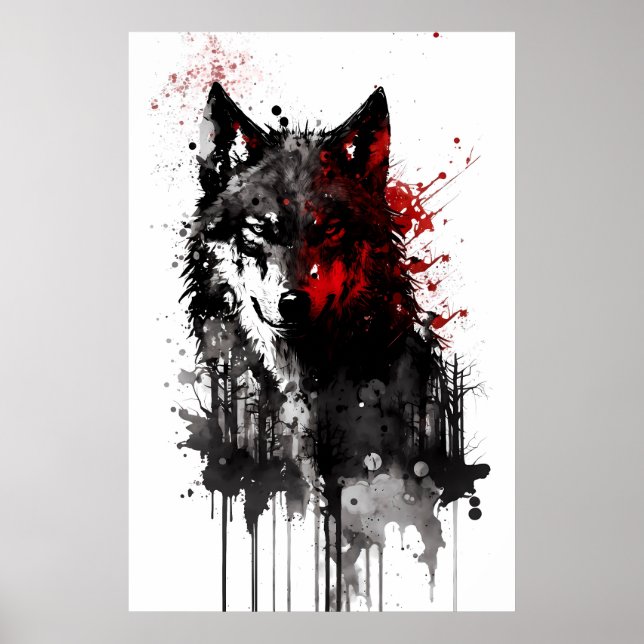 Póster Retrato de Lobo Gris Tinta (Frente)
