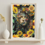 Póster Retrato de mujer amarilla con color de girasol flo<br><div class="desc">Esta es una obra de arte sobresaliente que muestra a una mujer con un fondo floral (botánico) muy agradable con muchos girasoles y otras plantas. La vivacidad de los colores, principalmente el amarillo de los girasoles, traerá vida a sus hogares y a sus corazones. El aspecto profundo y casi enigmático...</div>