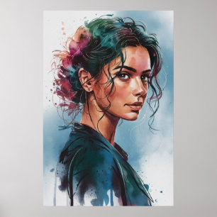 Póster Retrato de mujer con acuarela soñadora con cabello