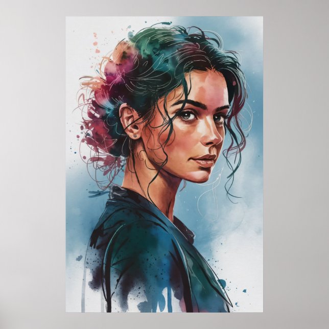Póster Retrato de mujer con acuarela soñadora con cabello (Frente)