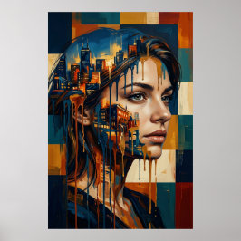 Póster Retrato de mujer con doble exposición de paisaje u