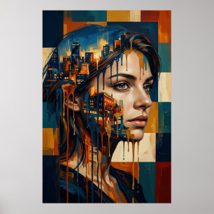 Póster Retrato de mujer con doble exposición de paisaje u