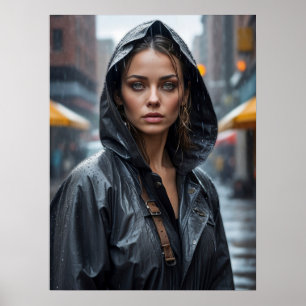 Póster Retrato de mujer con impermeable de pie en la call