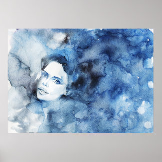 Póster Retrato de mujer con tinta color de agua, pintura