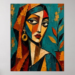 Póster Retrato de mujer cubista expresiva – Verde azulado