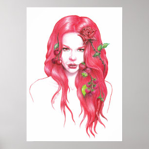 Póster Retrato de mujer de cabello rojo Fantasía surreali
