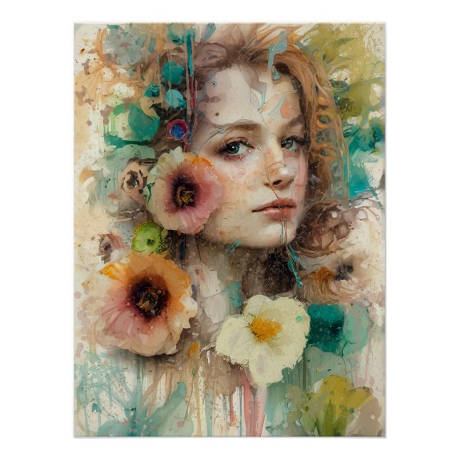 Póster Retrato de mujer de flor abstracta (Anverso)