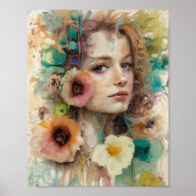 Póster Retrato de mujer de flor abstracta (Frente)