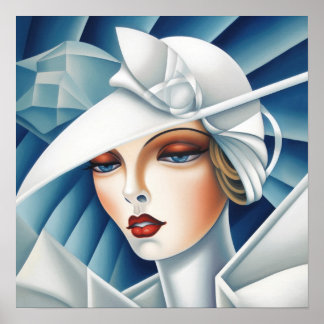 Póster Retrato de mujer de ojos azules de cubismo Art déc