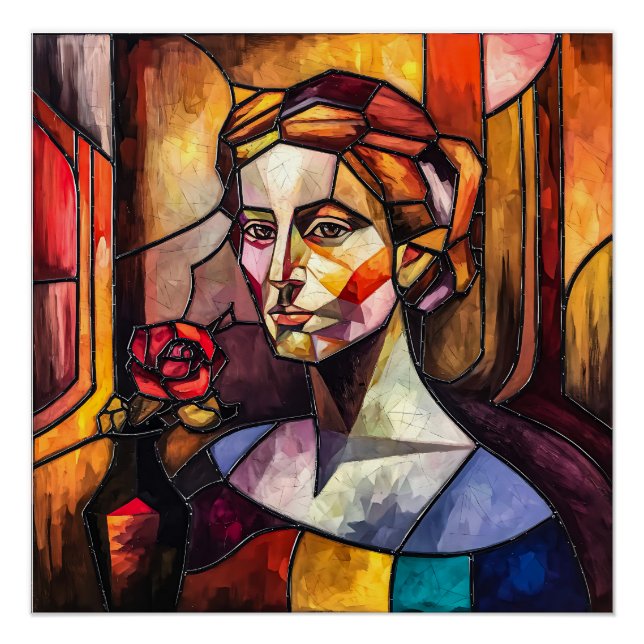 Póster Retrato de mujer de vidrio templado con Rosa (Anverso)