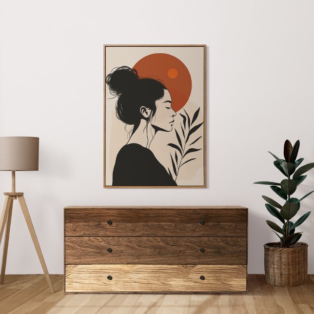Póster Retrato de mujer en blanco y negro con sol rojo (Black and White Female Portrait Red Sun Poster in a neutral boho living room.)