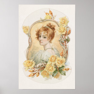 Póster Retrato de mujer enmarcado con rosas amarillas
