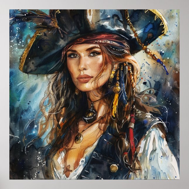 Póster Retrato de mujer pirata en acuarela (Frente)