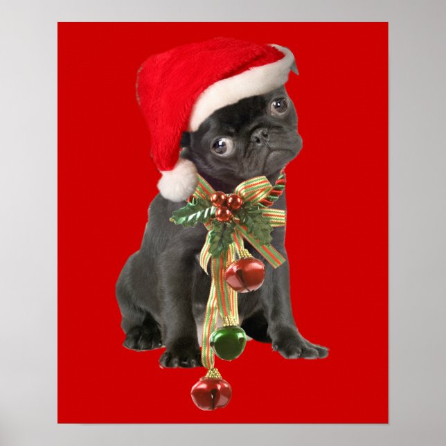 Póster Retrato de Navidades de cachorros de Pug Negro (Frente)