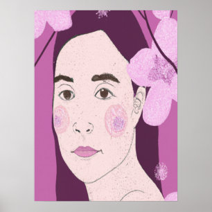 Póster Retrato de niña floral rosa
